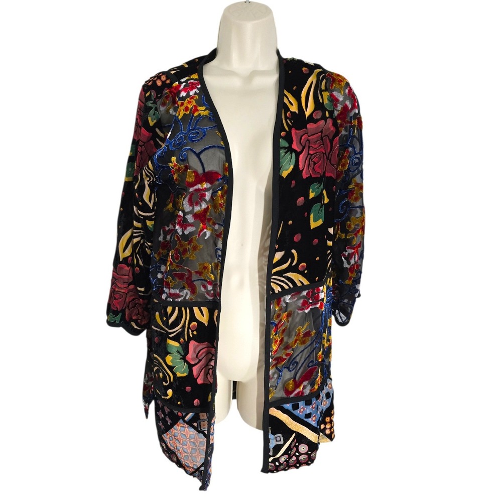 Ali Miles Floral Burnout Velvet Mesh Open Front Cardigan Black Multi 1X Womens